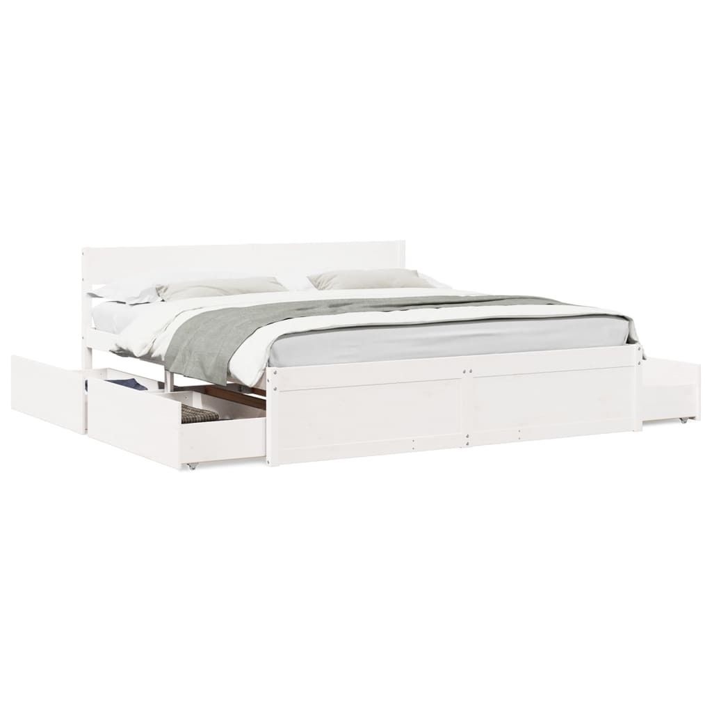 A white wooden bed frame with drawers underneath, shown from a side angle against a white background.