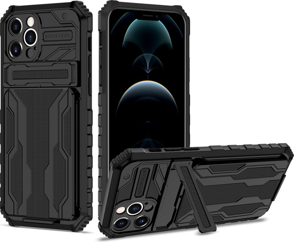 iPhone 12 Pro Hülle, Hybrid Robust Schutz Stoßfest Schutzhülle mit Kartenhalter Ständer für iPhone 12 Pro Schwarz