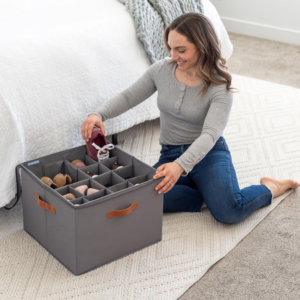 Organizer Scarpe 16 Scomparti Con Coperchio Trasparente: Contenitore Salvaspazio Pieghevole In Tessuto Oxford Grigio, Con Maniglie E Tasche Laterali