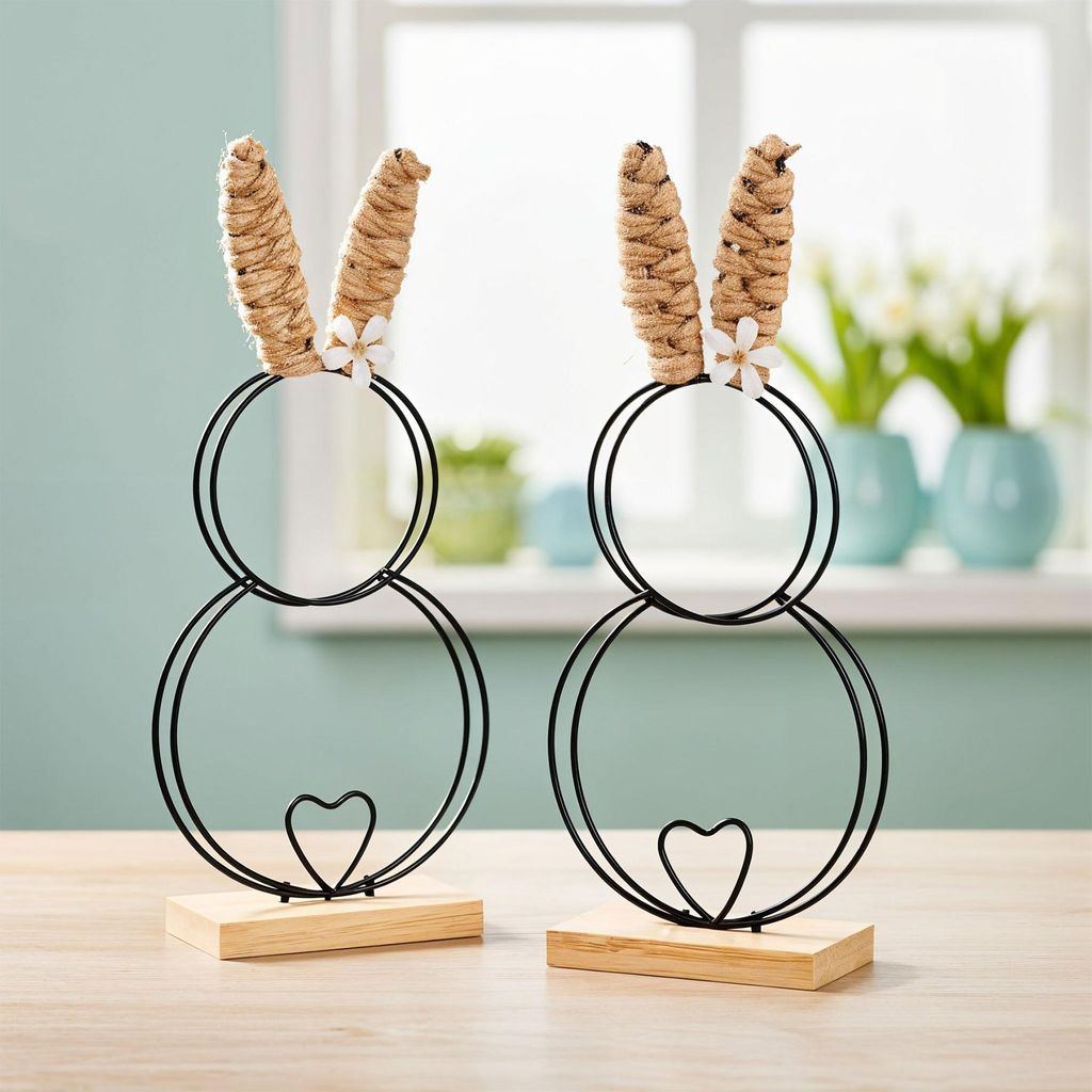 2er Set Deko Aufsteller Hase Metall Bambus Holz Schwarz Osterdeko Tischdeko Ostern