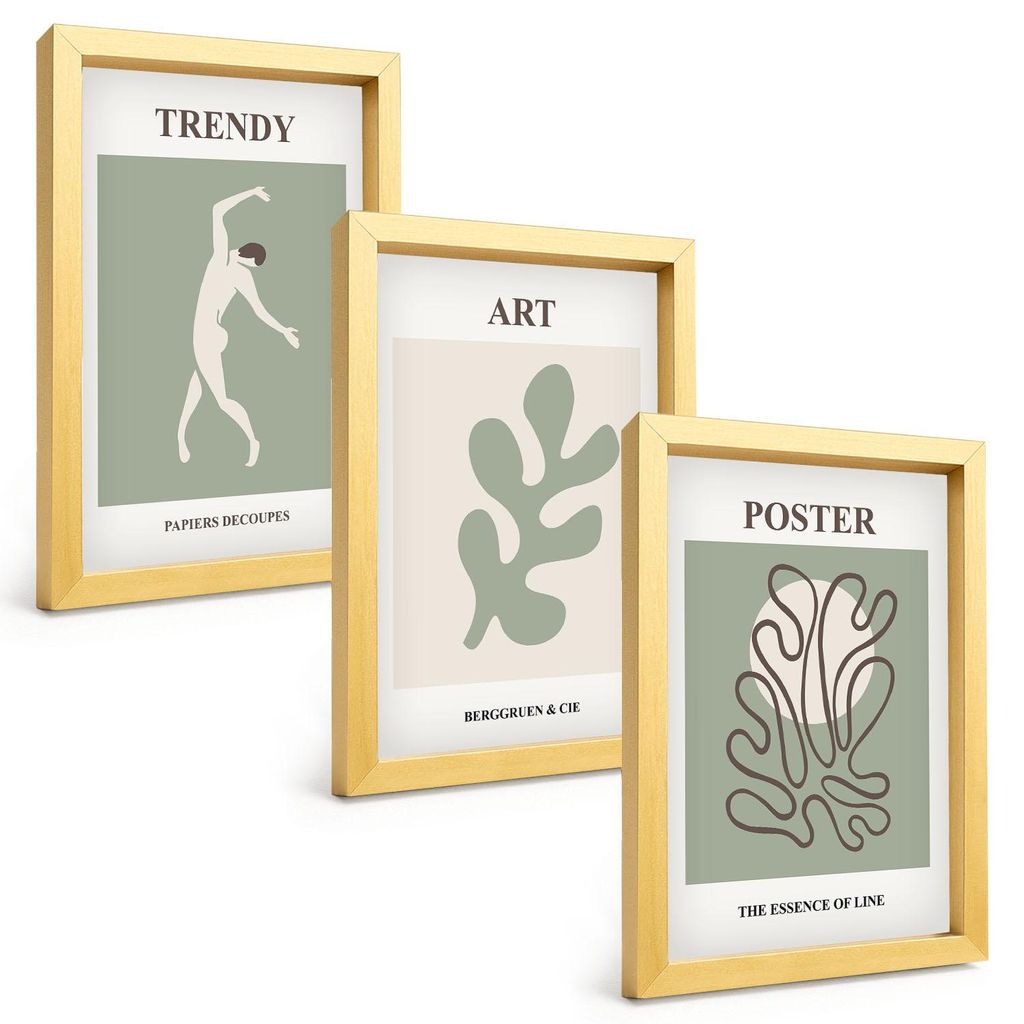 Bilder Set 3-teilig im Goldrahmen Rahmen – Wandbilder 3 Stück – gerahmte Poster für Wohnzimmer, Schlafzimmer und Flur – 20x30 cm – Abstra...
