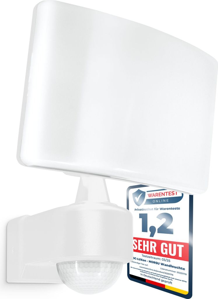 SSC-LUXon NORSU Außenlampe weiß mit Bewegungsmelder Wandstrahler Außen - LED Fluter mit Dämmerungsschalter IP65 wetterfest 4000K 230V