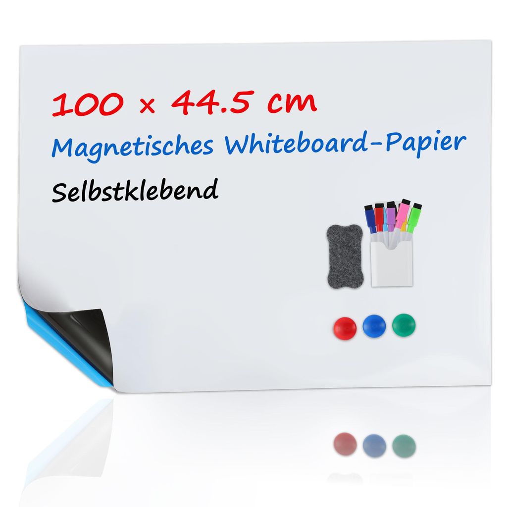 Whiteboard Magnetisch Folie 45 x 100 cm magnetisch selbstklebende Wandtafel Folie Magnettafel mit Marker, Schwamm und Magnete, für Schule, Büro