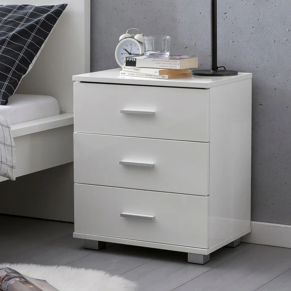 FineBuy Table de Nuit Haute Brillance - Table de Chevet en Bois Blanche