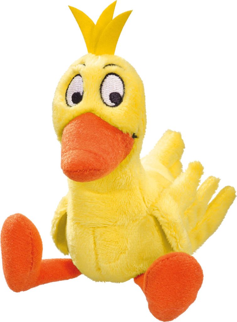 A plush toy duck sitting down.