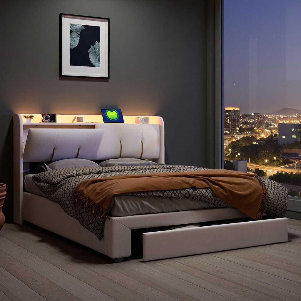 UnboxG Polsterbett 140 x 200 cm mit LED-Beleuchtung, USB-Anschluss & Stauraum – Bett mit Gasdruckheber, Samt, Beige, Kopfteil mit Stauraum und Kl...