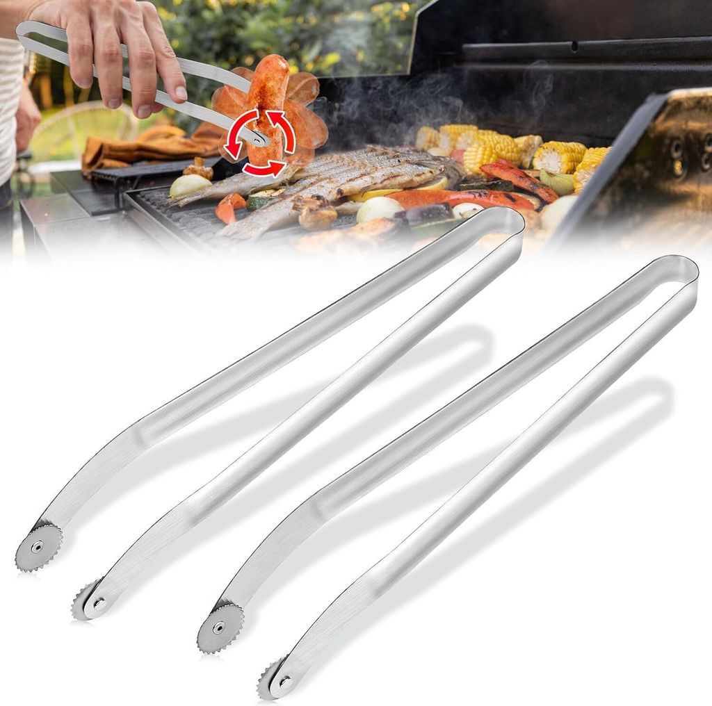 2 Stück Grillzange mit Rädchen, BBQ Würstchen Wendezange Produktbild 