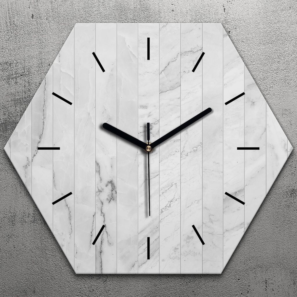 Uhr hexagonal 40 cm Glas Geräuschlos schwarze Zeiger - Weiß Holz