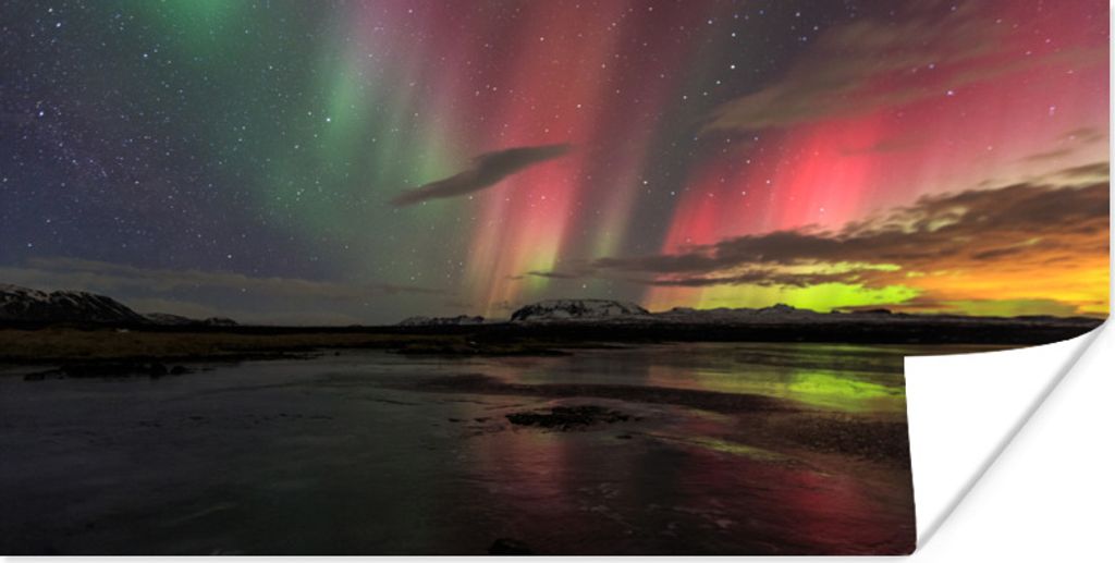 MuchoWow Poster Nordlichter - Island - Farben 160x80 cm - Foto Poster
