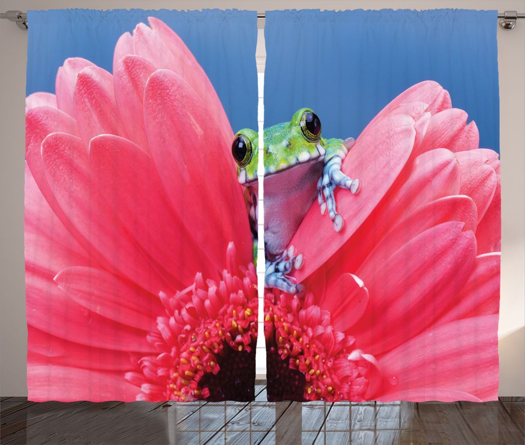 ABAKUHAUS Natur Rustikaler Vorhang, Frosch auf Gabera Blume, Wohnzimmer Universalband Gardinen mit Schlaufen und Haken, 280 x 175 cm, Grün Blau Rosa