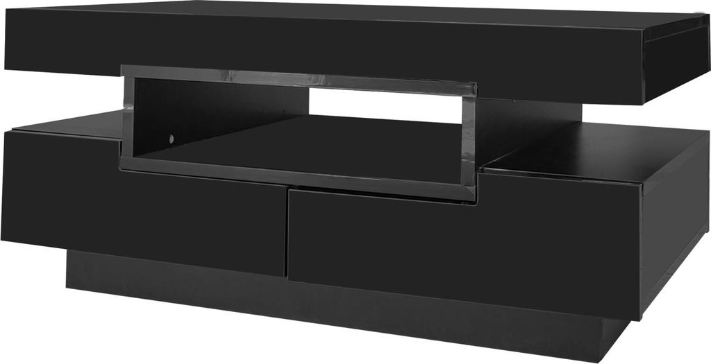 Fortuna Lai Couchtisch, Hochglanzlackierung, mit LED, 4 Schubladen, viel Stauraum, schwarz