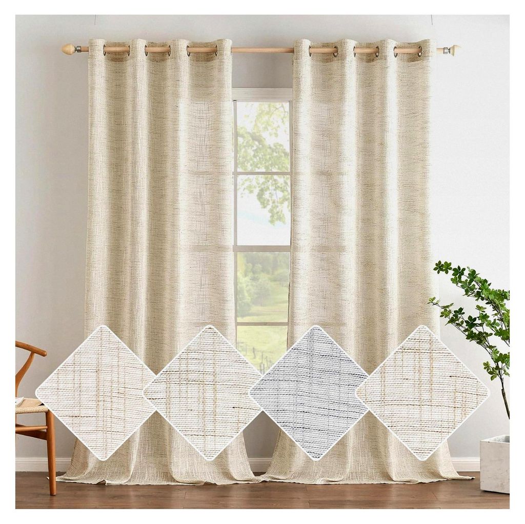 Leinen Gardinen mit Ösen, modernes Design, 2er Set 140x225cm (B x H), bräunlich-weiß