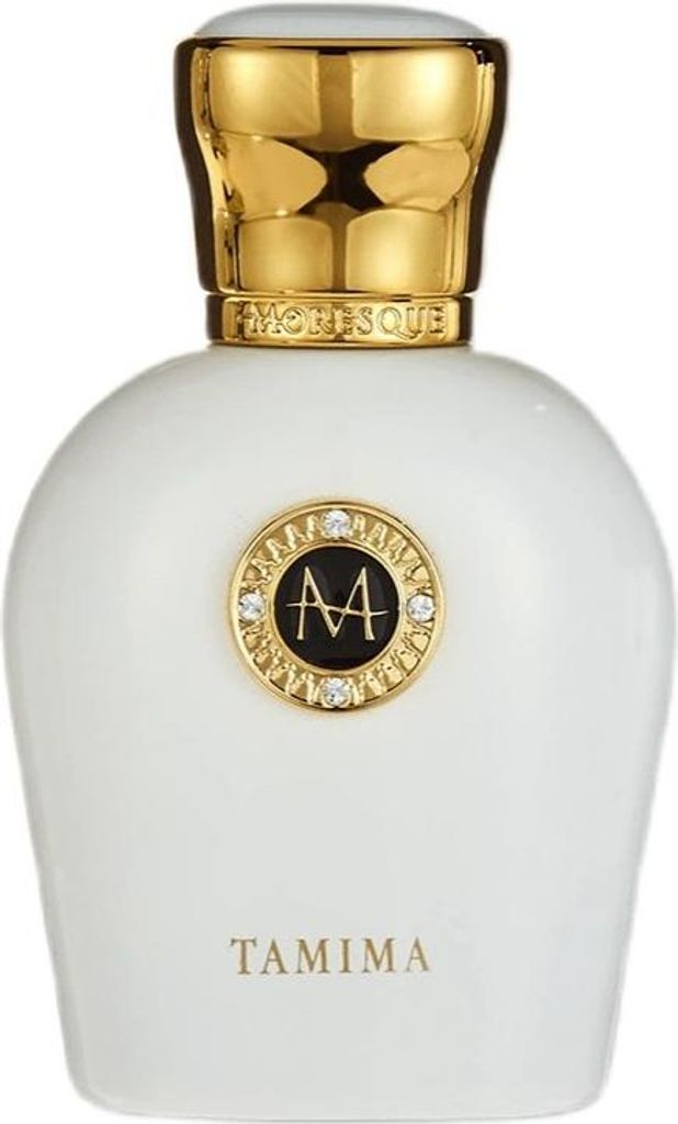 A white perfume bottle with a gold cap and emblem.