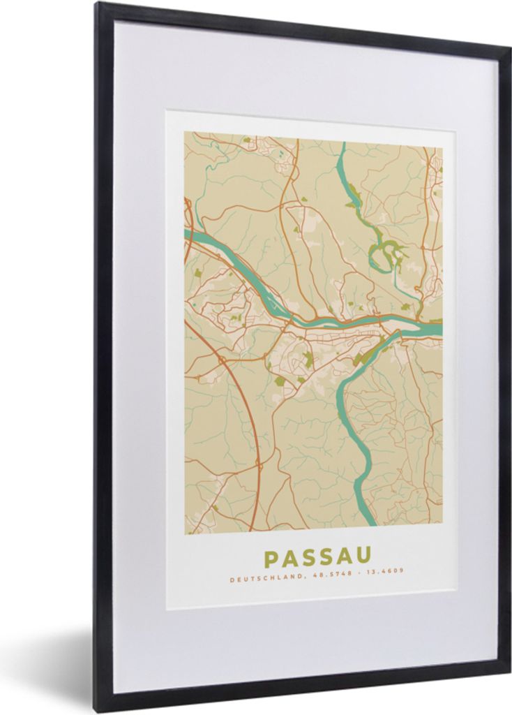 MuchoWow® Gerahmtes Poster Jahrgang - Passau - Stadtplan - Produktbild 