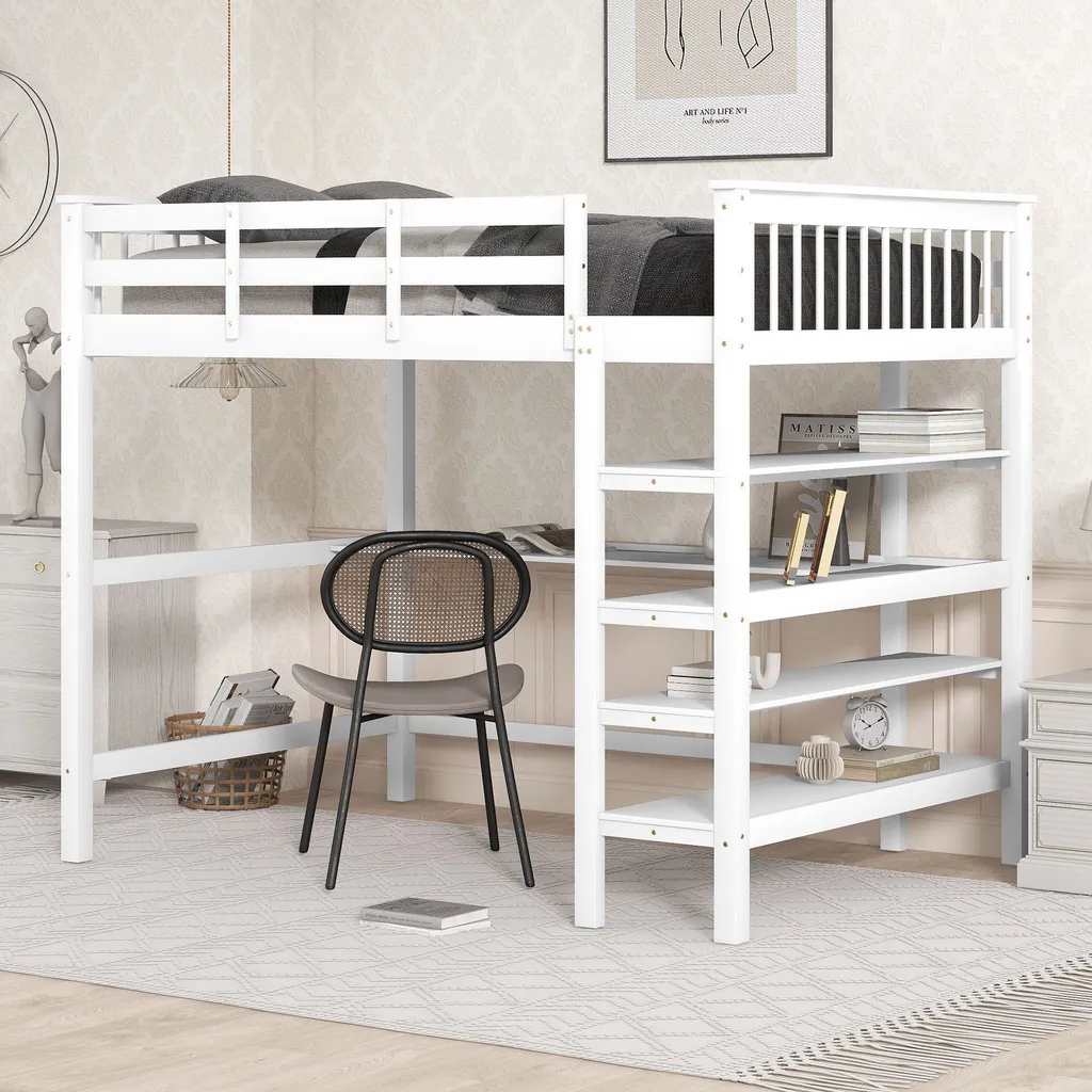 Lit combiné surélevé 140x200cm gain de place avec bureau pour ado blanc