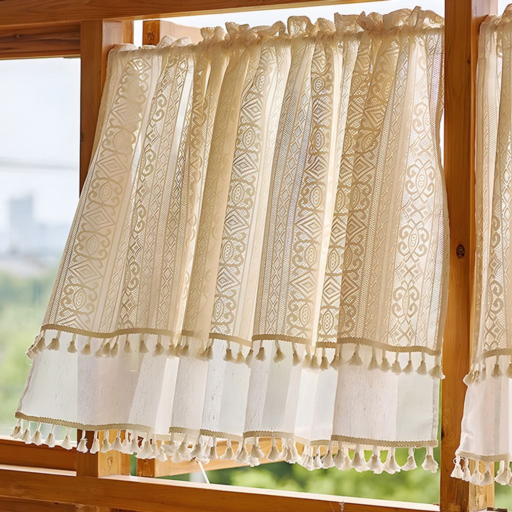 Doppellagige Leinen kurze Vorhänge für kleine Fenster Küchen-Volant Halbtransparent Bistrogardine Stangentasche Vintage Kaffee Vorhang Quaste 76...