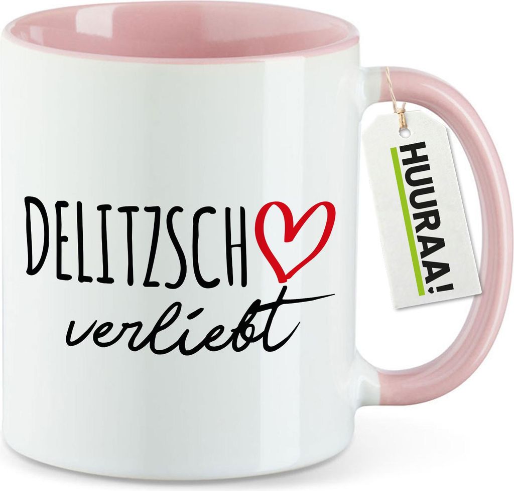 Huuraa Kaffeetasse Delitzsch verliebt 330ml Rosa Keramik Kaffeebecher Geschenkidee