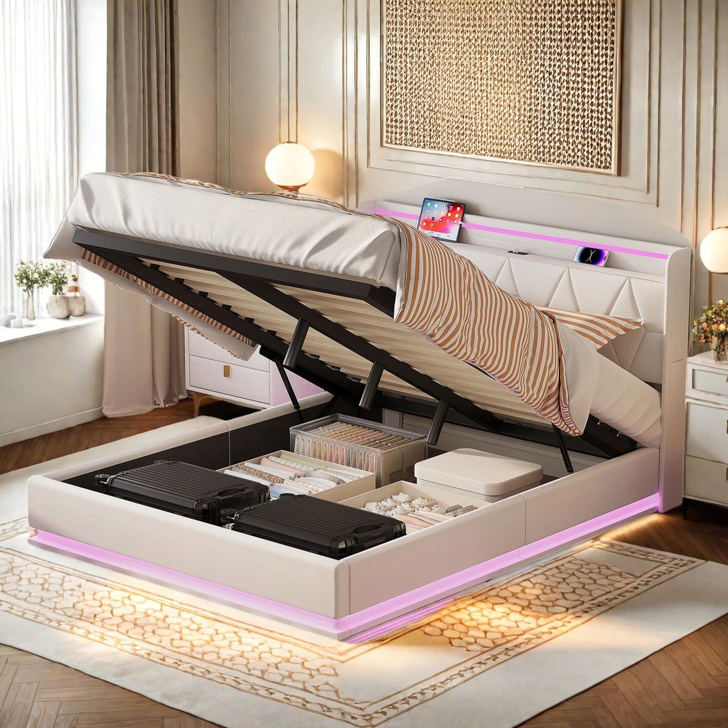 ProximaX Polsterbett 160x200 cm mit LED & USB | Doppelbett mit Kopfteil, Stauraum & Lattenrost, Samt Weiß