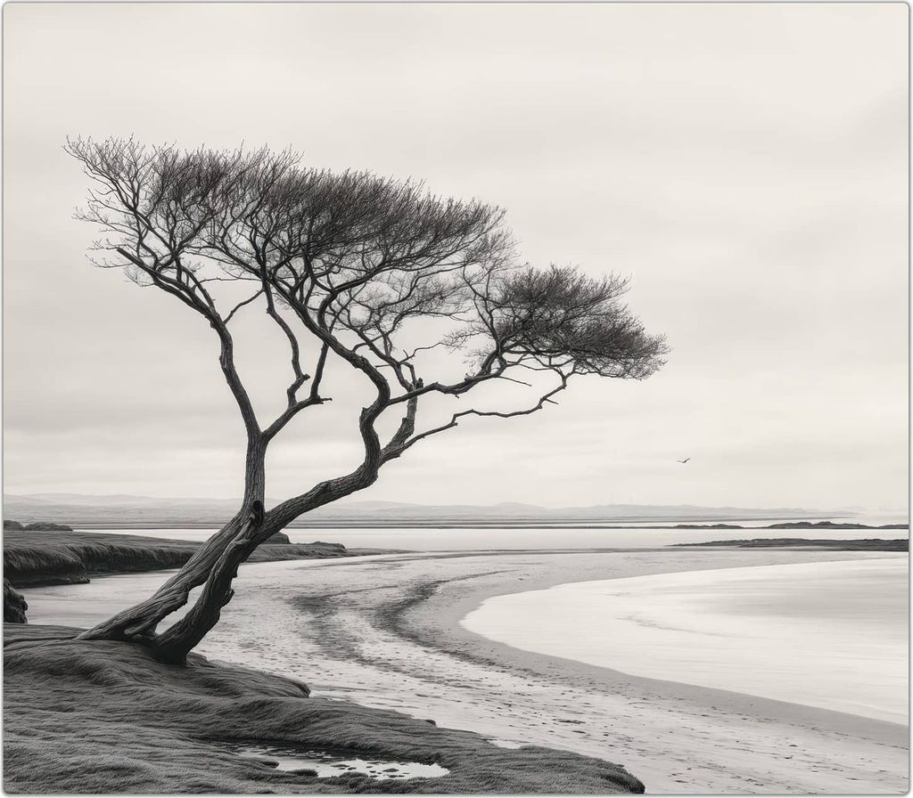 Spritzschutz Herdabdeckplatte Schneidebrett aus Glas Einsamer Baum am Meer 1-Teilig (60x52cm)