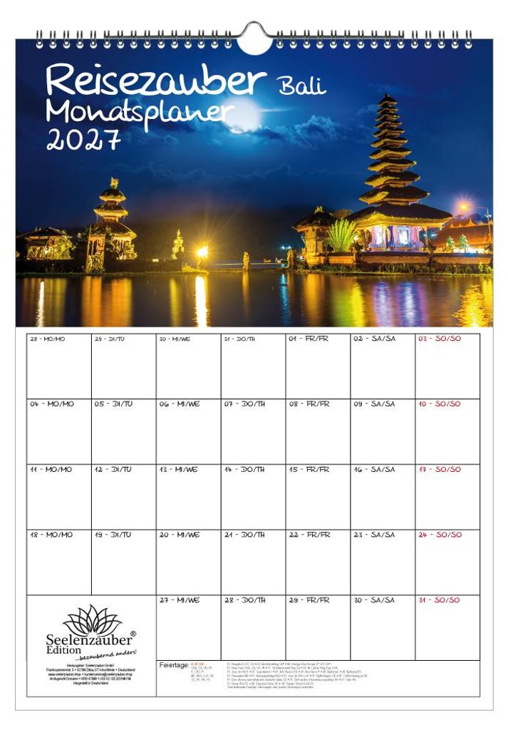 Reisezauber Bali Planer DIN A3 Kalender für 2027 Indonesien Urlaub Strand - Set-Inhalt: 1x Kalender 1x Weihnachtsanhänger 1x Grußanhänger (gesa...
