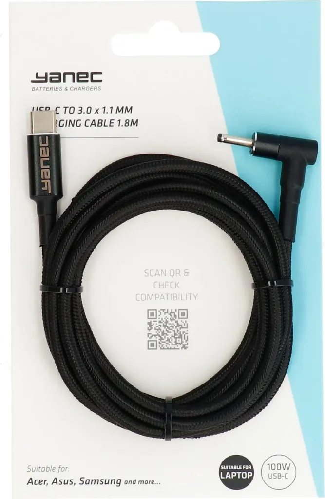 Câble de charge Yanec USB-C vers 3,0 x 1,1 mm de 1,8 m pour ordinateur