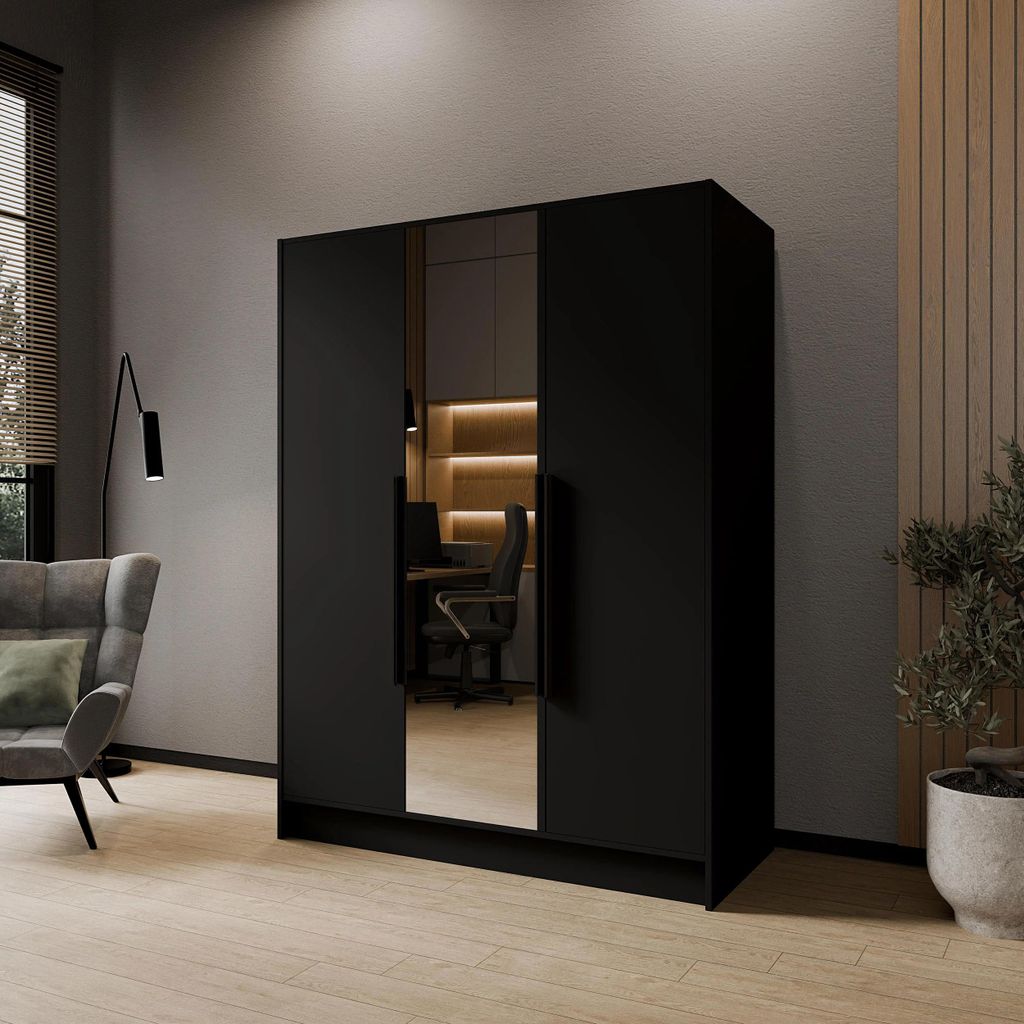 Drehtürenschrank LARO 150 cm Moderner Kleiderschrank mit Spiegel und glatten Türen, Schwarz mit schwarze Griffe