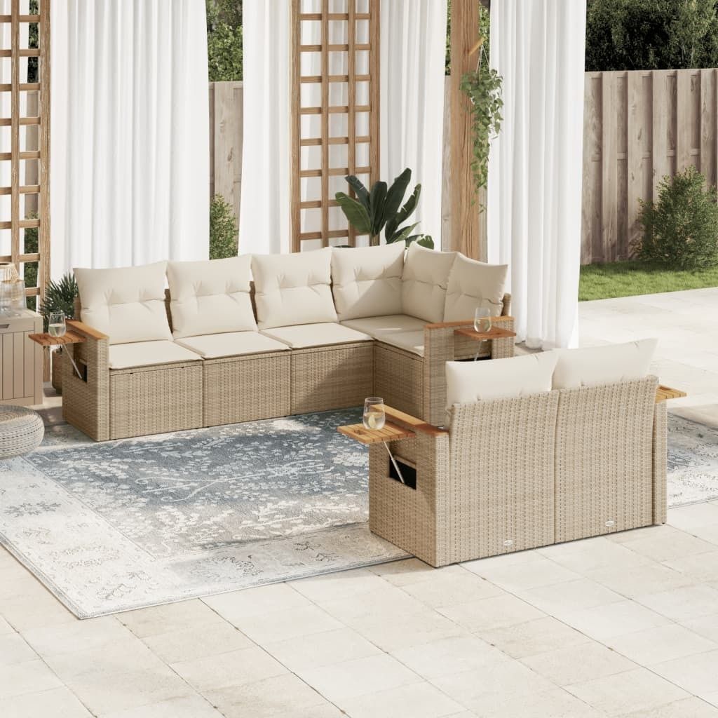 Design 7-tlg. Garten-Sofagarnitur mit Kissen Beige Poly Rattan, Gartenmöbel-Sets 2024 Neu