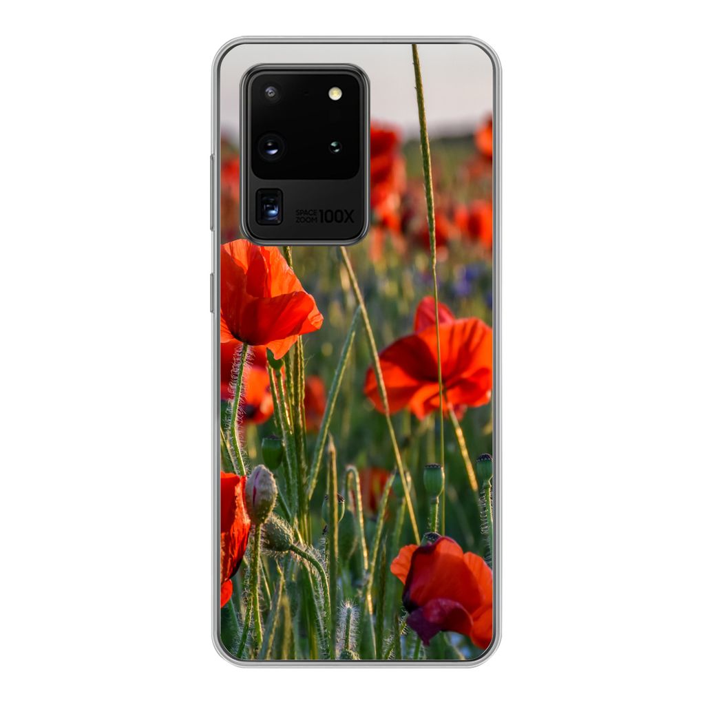 MuchoWow Handyhülle Schutzhülle Hülle für Samsung Galaxy S20 Ultra Blumen - Mohnblumen - Natur - Rot Silikon Softcase Handy Hülle - Kartenin...