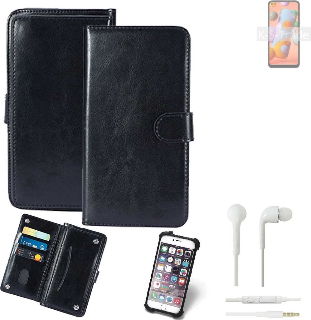 K-S-Trade 360° Hülle kompatibel mit Samsung Galaxy A11 inkl. Headphones schwarz Kunstleder Case BookCase WalletCase Kunstlederederhülle