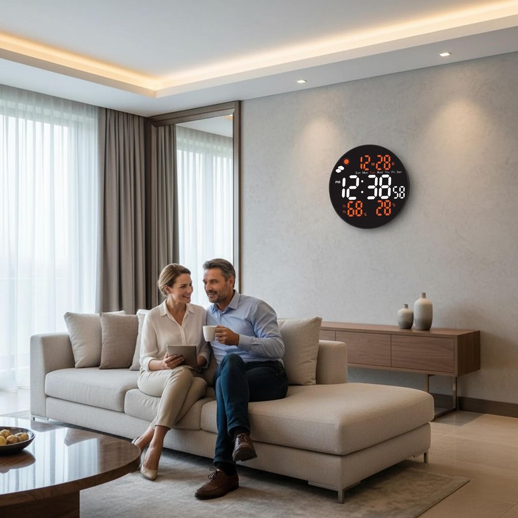 Große Digitale Wanduhr 8 Zoll mit RGB-Farbwechsel & Fernbedienung, automatische Helligkeit Temperatur Sommerzeit Nachtsicht, Wecker mit Arbeitswoc...