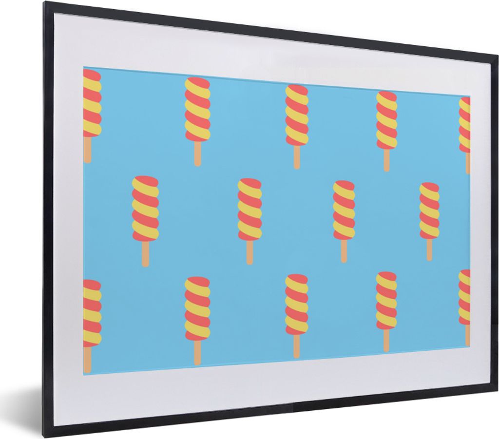 MuchoWow MuchoWow Gerahmtes Poster Eiscreme - Muster - Blau - Gelb 40x30 cm - Poster mit zchwarzem Bilderrahmen - Bilderrahmen - Poster im Rahmen