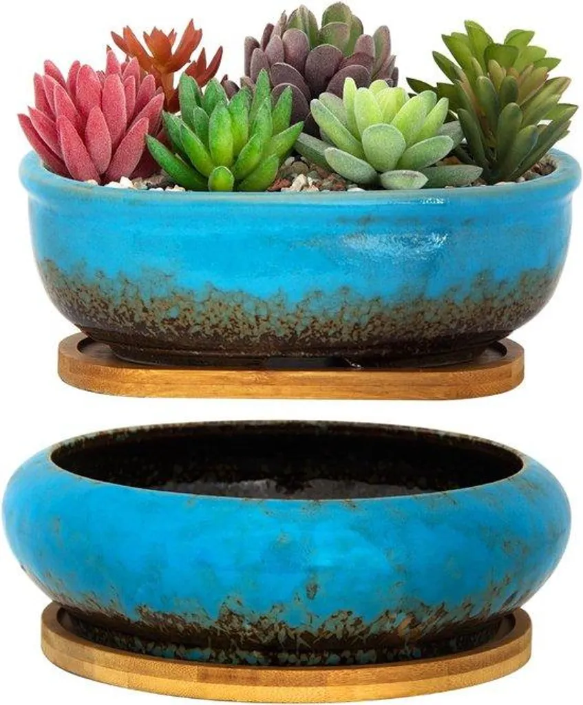 Pot de fleurs céramique bleue et bambou : duo rond et rectangulaire