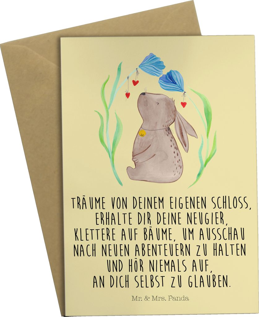 Mr. & Mrs. Panda Grußkarte Hase Blume - Gelb Pastell - Geschenk, weihnachtskarten, Taufe, einladungskarten, Geburtstag, Ostern, Kaninchen, Schwang...