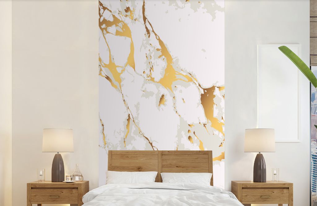 MuchoWow Fototapete für Wohnzimmer oder Schlafzimmer Wandtapete Vinyl Motivtapete Marmor - Gold - Weiß - Chic - 120x240 cm - Hintergrundbild