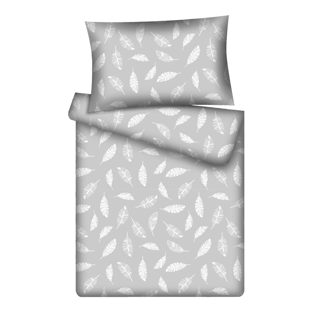 KiGATEX Kinderbettwäsche 100x135 "Feder grau" – 2-teilig mit Reißverschluss – 100?% Baumwolle – Decke + Kissen – weich & atmungsaktiv –...