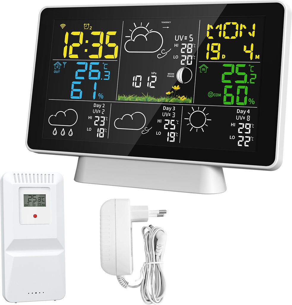 WLAN-Farbbildschirm, intelligente Wetterstation, Temperatur- und Luftfeuchtigkeitsmesser, Wetteruhr mit viertaegiger Wettervorhersage auf demselben...
