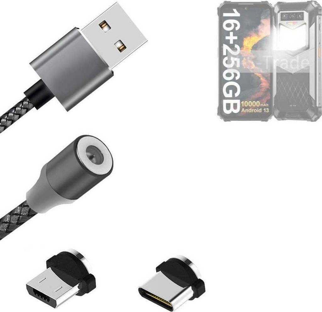 K-S-Trade Hochwertiges Magnet-Lade-kabel Sync-Kabel Daten-Kabel kompatibel mit Oukitel WP26 mit USB-Typ-C-Anschluss und Micro-USB-Anschluss 2A bis zu