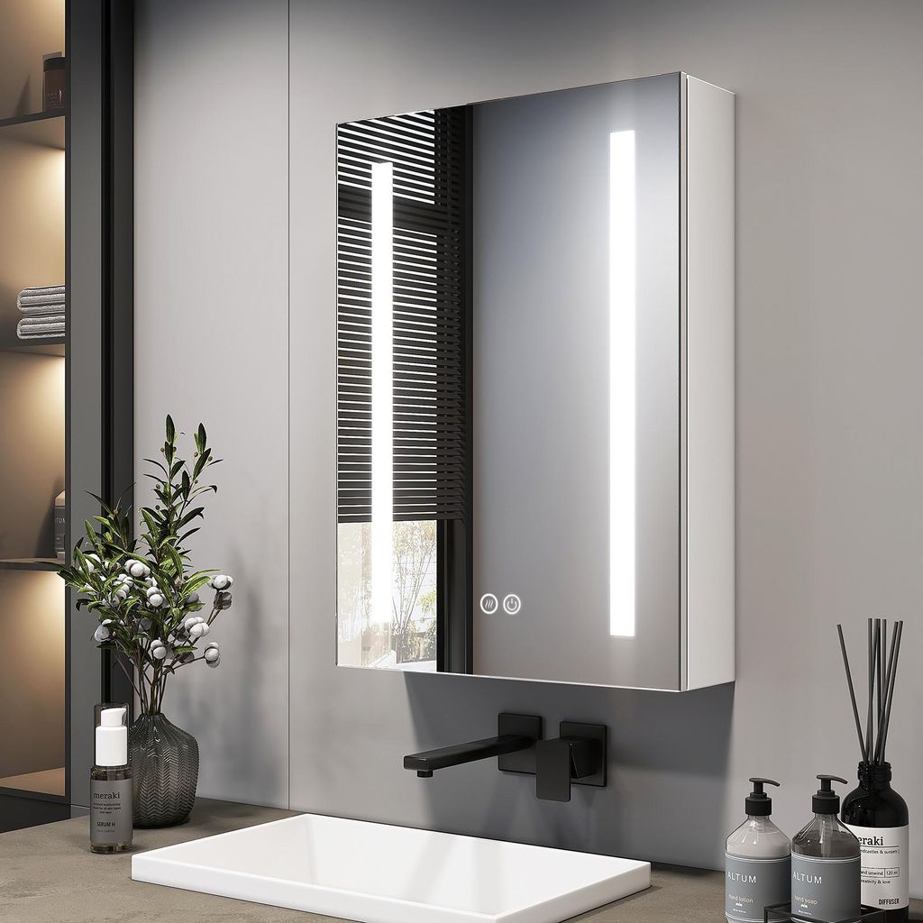 EMKE Spiegelschrank mit Beleuchtung 145 x 500 x 700 mm LED Spiegelschrank mit beschlagfrei und Steckdose, 3-Farbiger dimmbarer - 1 Tür Badschrank