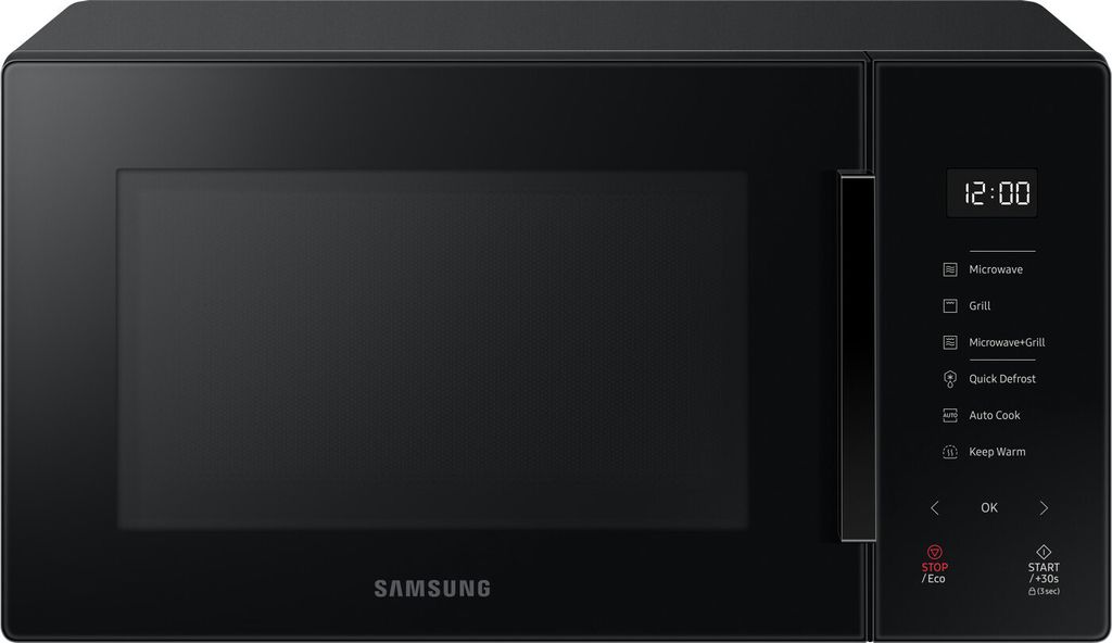A black Samsung microwave is shown from the front against a white background.