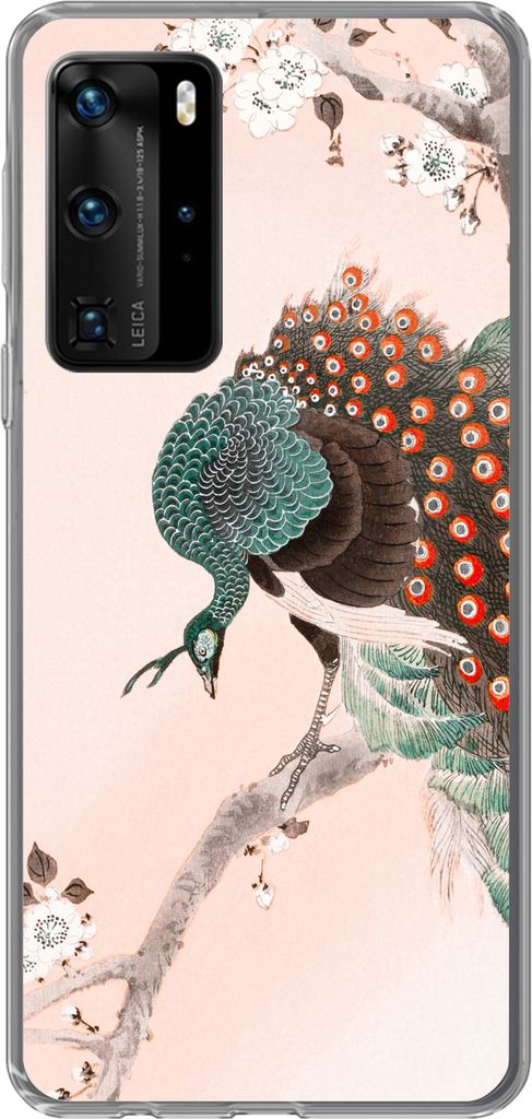 MuchoWow Handyhülle Schutzhülle Hülle für Telefoonhoesje Huawei P40 Pro Blüte - Pfau - Federn - Japandi Silikon Softcase Handy Hülle - Schutz