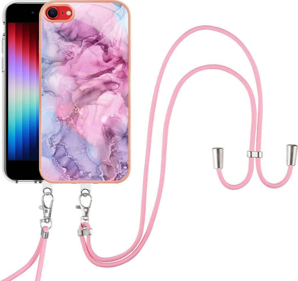 iPhone SE 2020 Handykette Hülle, Muster TPU Bumper Schutzhülle mit verstellbarem Tragegurt für iPhone 8 / 7 / iPhone SE 2022/2020 Pink