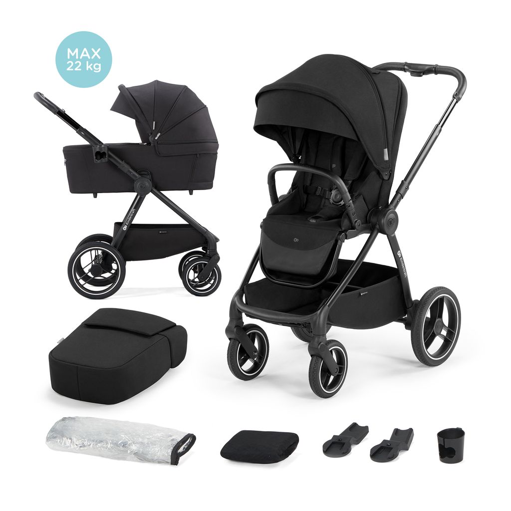 A black Kinderkraft NEA 2-in-1 stroller with its bassinet and various accessories displayed against a white background.