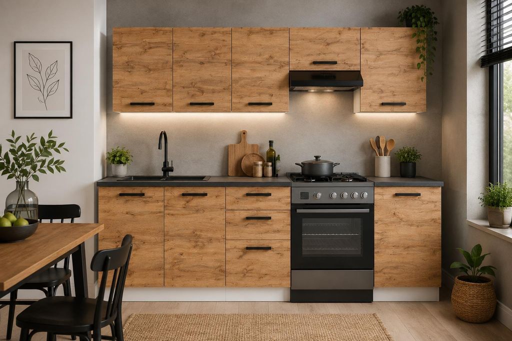 ULWEHOME | Küchenzeile 220 cm Eiche Wotan, Küchenmöbel-Set Produktbild  KI-generiertes Bild