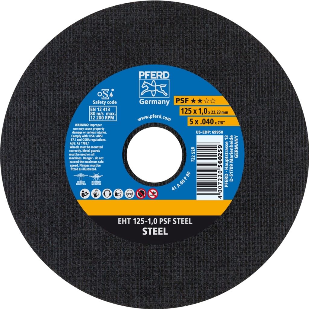 Trennschleifscheibe EHT 125-1,0 A 60 P PSF/22,23 D.125xB.1xH.22,23mm Korn-Gr.60