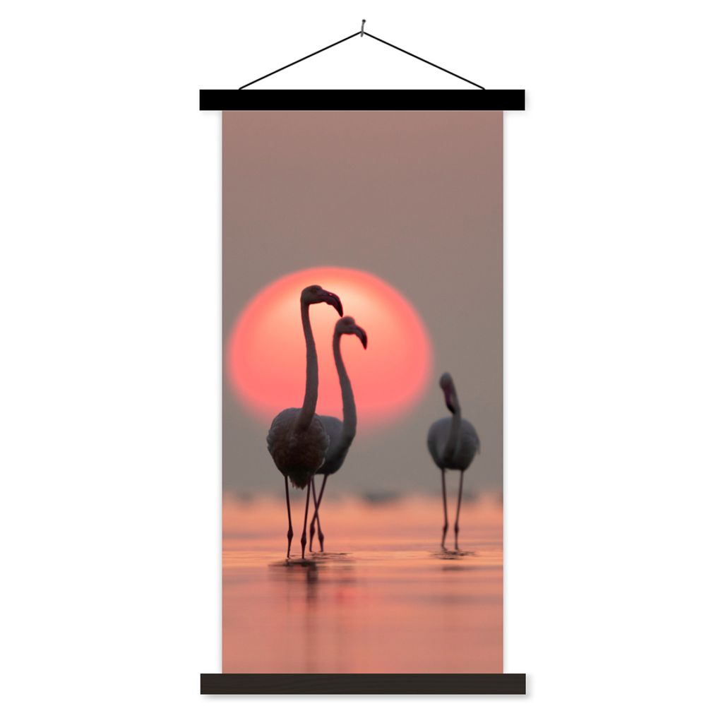 MuchoWow Textilposter Vogel - Flamingo - Sonnenuntergang - Rosa 40x80 cm mit schwarzem Rahmen - Wandemalerei