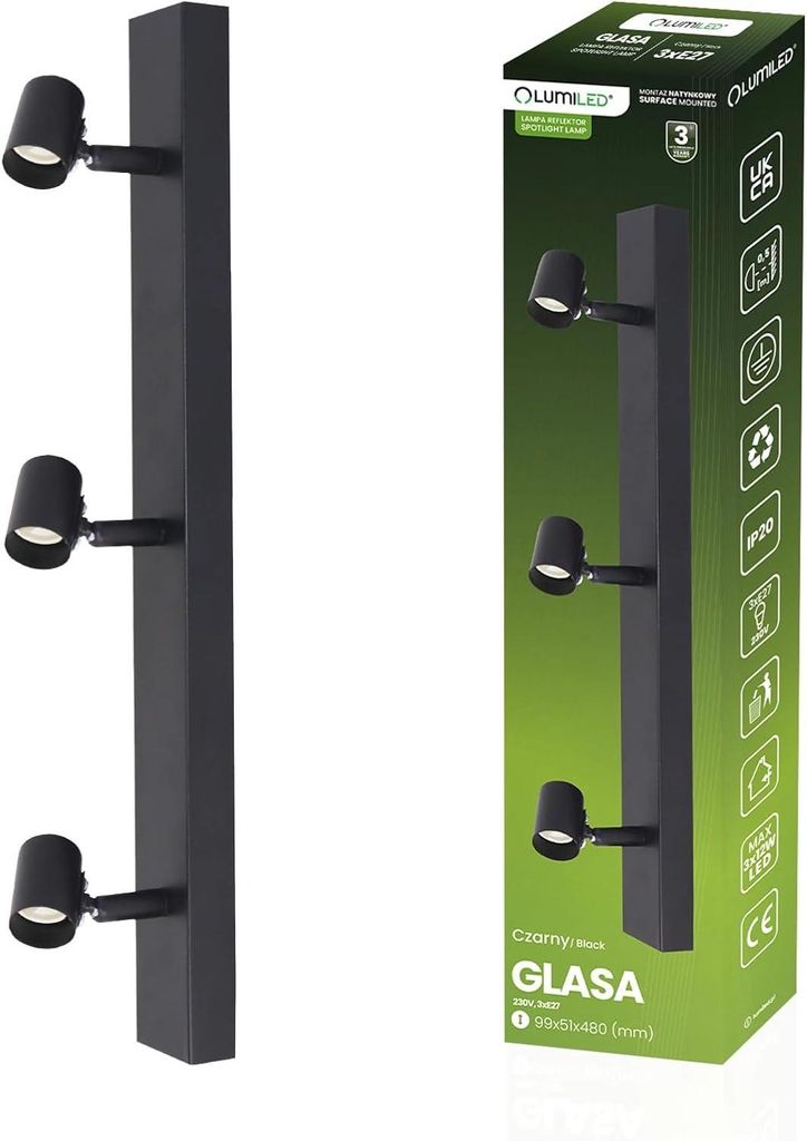 A product shot of a black multi-spot ceiling light and its packaging.