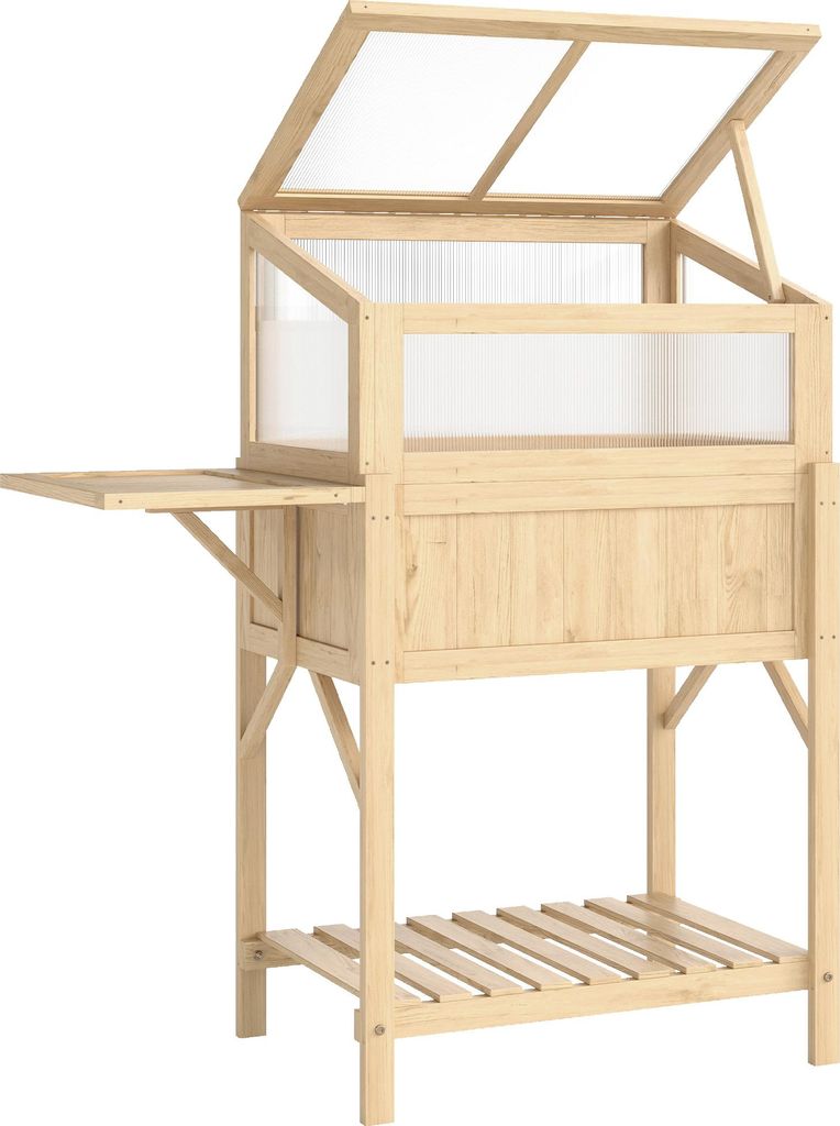 Hochbeet mit Frühbeetaufsatz aus Holz Pflanzkasten mit Gewächshaus klappbar Seitentisch Ablagefach Naturholz