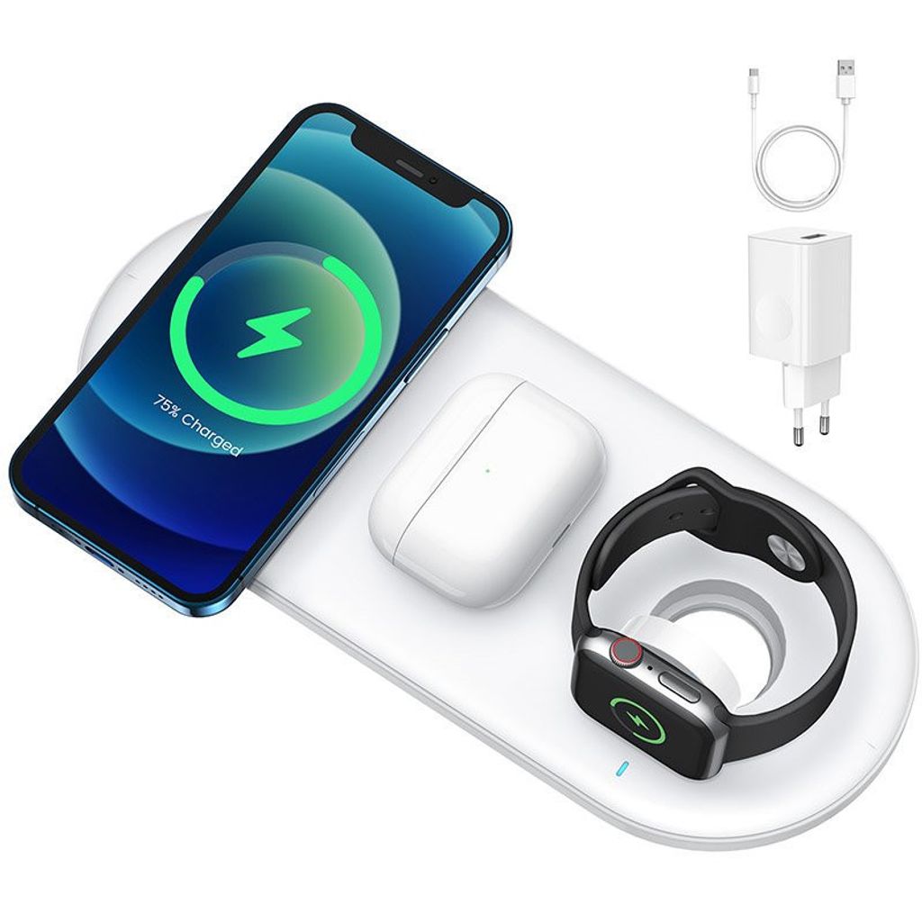 Joyroom 3in1 20W Wireless Charger kompatibel mit Smart Watch Kopfhrer Smartphone + Netzteil + Typ-C Kabel Drahtloses Ladegert wei