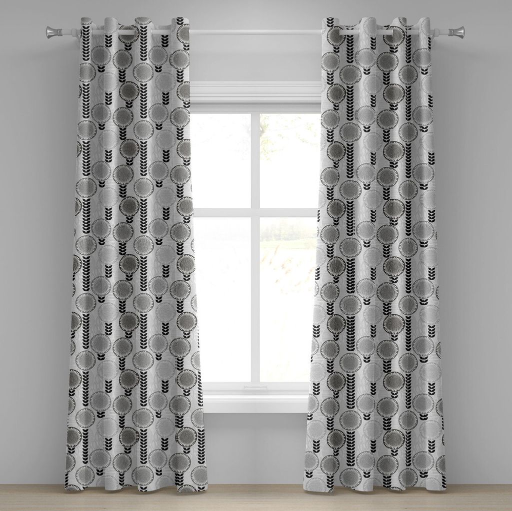 ABAKUHAUS Blume Ösenvorhang, Greyscale-Frühlings-Blüte mit abstrakter Laub-Schattenbild-Gekritzel-Natur, Dekorative 2-Panel-Fenstervorhänge, 28...