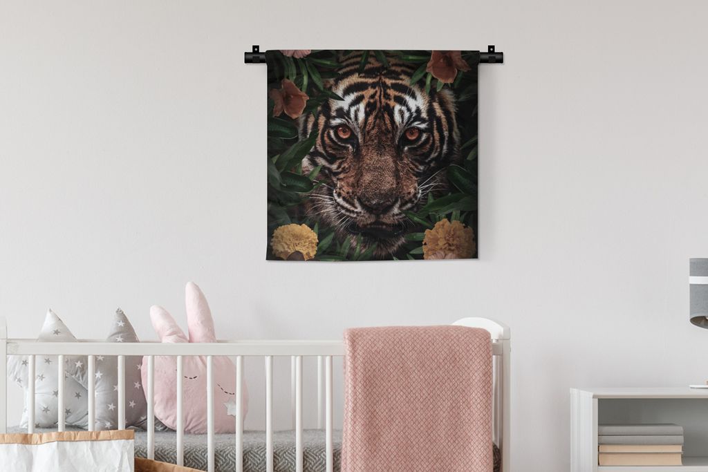MuchoWow Wandteppich Wandbehang Tiger - Dschungel - Blumen 60x60 cm Tapisserie Dekoration Wandtuch - Dekorationen - Wand Decke